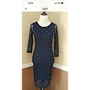 Black Mesh Dress Blue Flocked Velvet Dots 3/4 Sleeves Moon ModCloth Whimsigoth